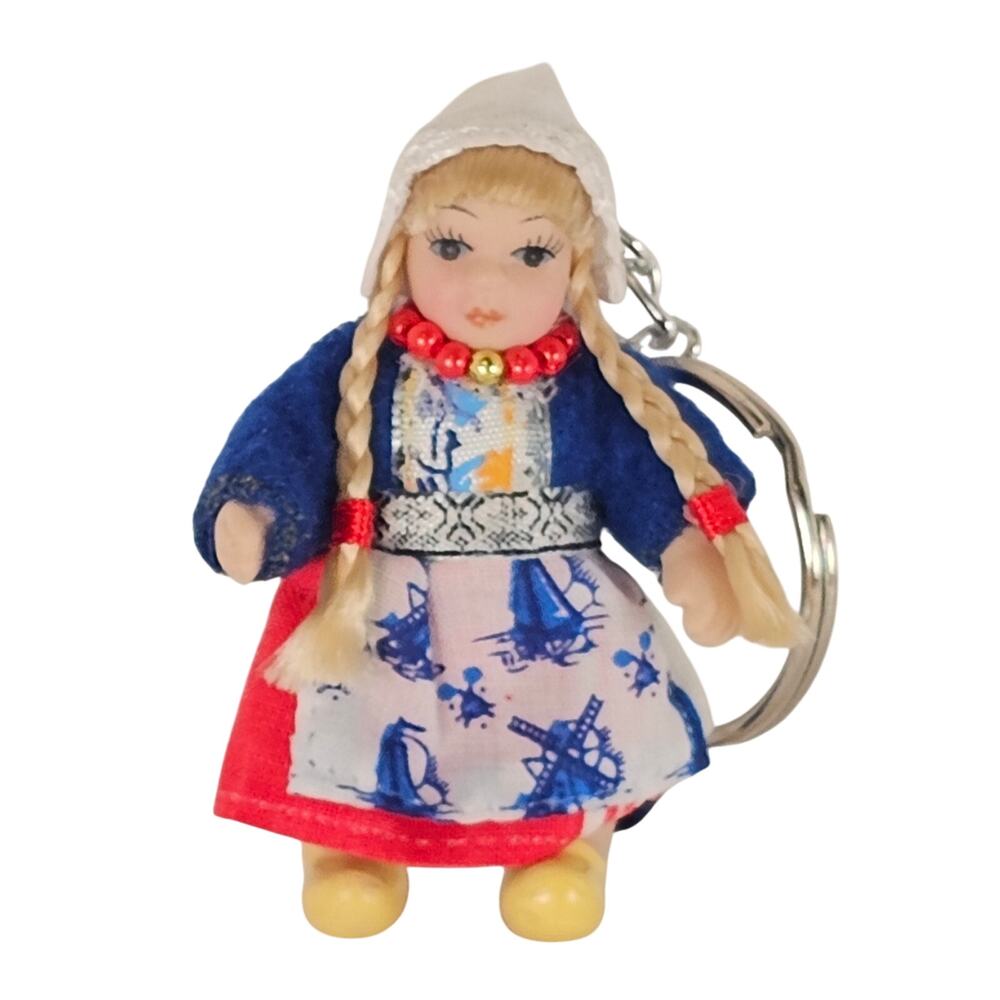 Vintage Dutch Girl Keychain Doll in Traditional Dress Braids Wooden Shoes 3"